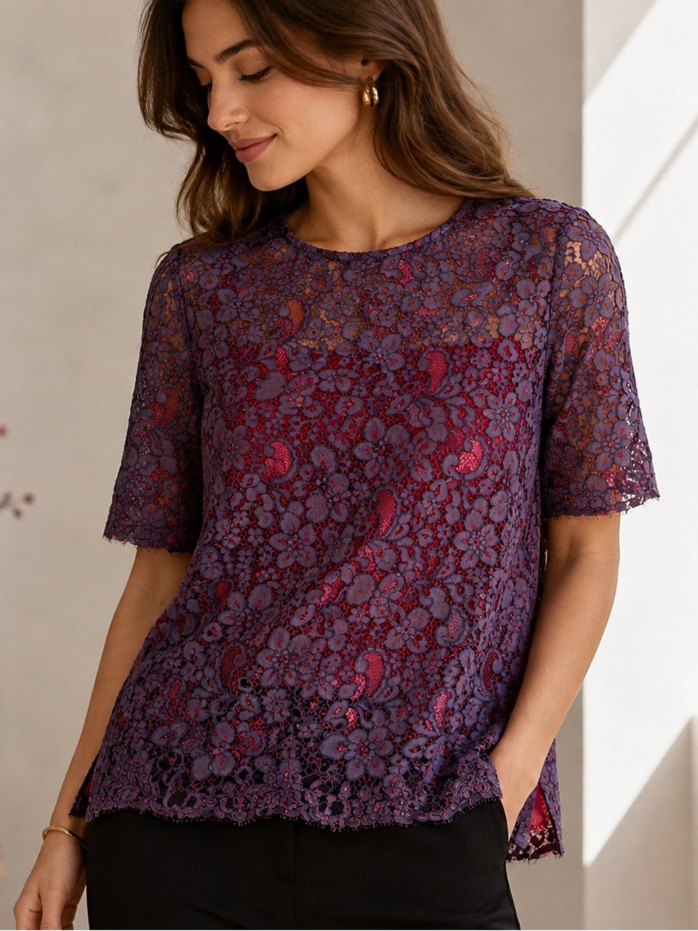 Zara Woman Purple Red Floral Lace Sheer High Low Blouse Top M Romantic Cocktail